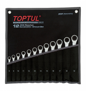 Набор TOPTUL мм, ключей комбинированных трещоточных 8-19 мм, 12 предметов на полотне