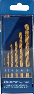 Набор Thorvik спиральных сверл по металлу HSS TiN в пластиковом кейсе, d2.0-8.0 мм, 6 предметов