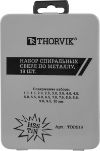 Набор Thorvik спиральных сверл по металлу HSS TiN в металлическом кейсе, d1.0-10.0 мм, 19 предметов