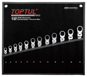 Набор TOPTUL ключей комбинированных трещоточных шарнирных 8-19 мм, 12 предметов на полотне  