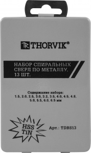 Набор Thorvik спиральных сверл по металлу HSS TiN в металлическом кейсе, d1.5-6.5 мм, 13 предметов