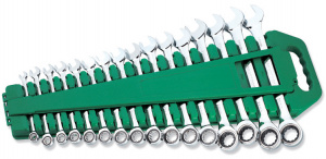 Набор Jonnesway ключей гаечных комбинированных трещоточных на держателе, 8-24 мм, 16 предметов