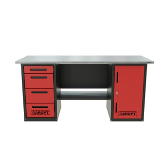 Верстак GAROPT двухтумбовый для слесарных работ с полкой и четырьмя ящиками.