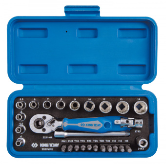 Набор торцевых головок с принадлежностями 1/4", двенадцатигранные, 4-14 мм, 27 предметов KING TONY 2