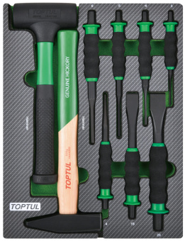 Набор TOPTUL инструментов, молоток, выколотки и зубила 9 пр. в мягком ложементе