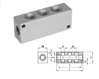 Коллектор CAMOZZI 3043 3/8-3D-1/4, вход 3/8", 3 выхода на 1/4". выходы с двух сторон