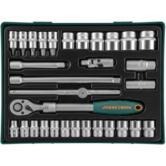Набор Jonnesway торцевых головок 1/2"DR с аксессуарами в ложементе 370x370 мм, 31 предмет. СОДЕРЖАНИ