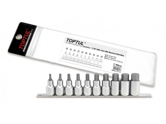 Набор TOPTUL торцевых головок 1/2" с шестигранными вставками 4-19 мм L=55 мм на планке 10 предметов