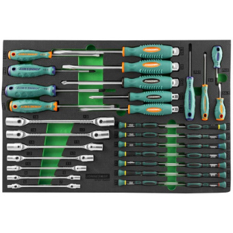 Набор Jonnesway стержневых отверток и ключей гаечных карданных в EVA ложементе 560х400 мм, 34 предме