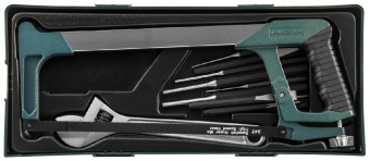 Набор Jonnesway инструмента ножовка, разводной ключ, зубила и выколотки в ложементе, 14 предметов