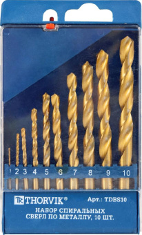 Набор Thorvik спиральных сверл по металлу HSS TiN в пластиковом кейсе, d1.0-10.0 мм, 10 предметов