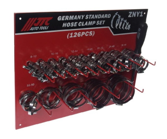 Стенд JTC ZN12-ZN90 с хомутами ленточными червячными (нерж. сталь) с гибким воротком 7мм, 126 предм.