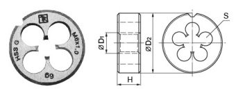 Плашка D-COMBO круглая ручная М10х1.25, HSS, Ф30х11 мм MD10125