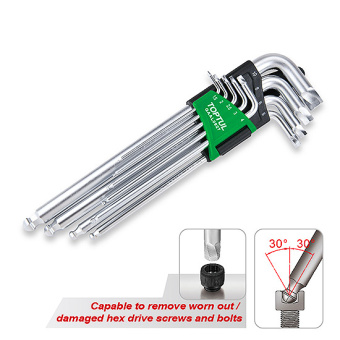 Набор TOPTUL  шестигранников Г-образных 1,5-10 мм, с экстрактором и шаром, экстрадлинные, 9 пр. 