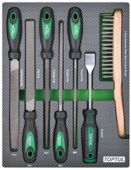 Набор TOPTUL инструментов, напильники, шабер и щетка, 7 пр. в мягком ложементе