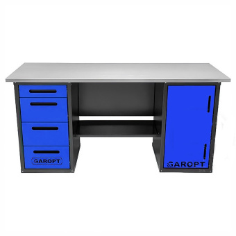 Верстак GAROPT двухтумбовый для слесарных работ с полкой и четырьмя ящиками.