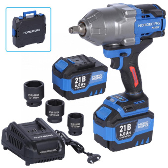 Гайковерт аккумуляторный Nordberg NE806K-1/2, 1/2", 21В, 1500Нм с двумя 6A аккум. и зар. у-вом, в ке
