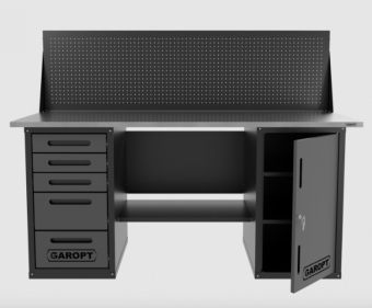 Верстак GAROPT двухтумбовый для слесарных работ с полкой и пятью ящиками.