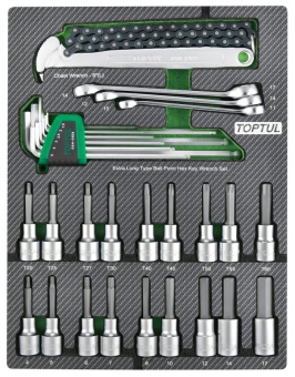 Набор TOPTUL торцевых насадок, шестигранники Г-образные и разрезные ключи, 31 пр. в мягком ложементе