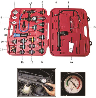 Набор инструментов для тестирования давления в радиаторе 27 предметов в кейсе JTC