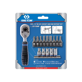 Набор KING TONY вставок (бит) и головок с трещоткой 1/4", TORX, HEX, PH, 15 предметов