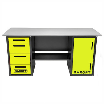 Верстак GAROPT двухтумбовый для слесарных работ с полкой и четырьмя ящиками.