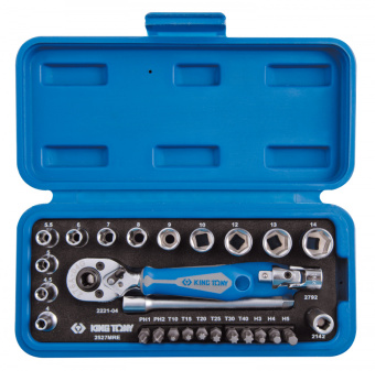 Набор торцевых головок с принадлежностями 1/4", шестигранные, 4-14 мм, 27 предметов KING TONY 2527MR