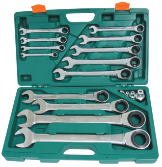 Набор Jonnesway ключей гаечных комбинированных трещоточных с аксессуарами в кейсе, 8-32 мм, 17 пред